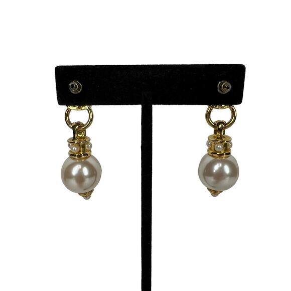 Womens Faux Double Pearl Drop Earrings Gold Tone Dangle Elegant Classic - Picture 3 of 7